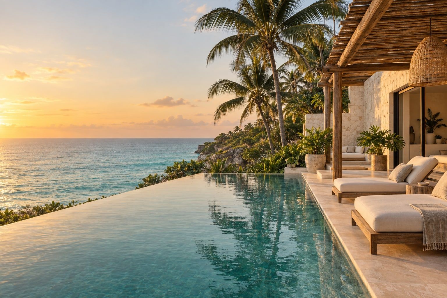 A villa terrace with an infinity pool, palm trees and the Caribbean Sea at sunset